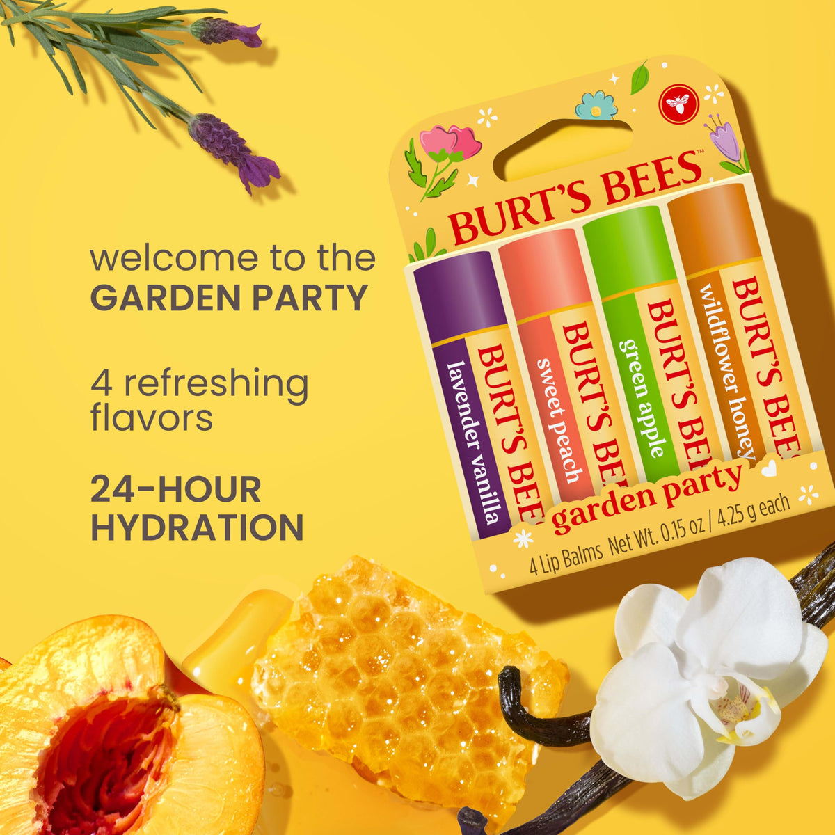 Burt's Bees Gifts Ideas - Garden Party Lip Balm Set, Lavender Vanilla, Sweet Peach, Green Apple, Wildflower Honey, With Responsibly Sourced Beeswax, Natural Origin Lip Treatment, 0.15 oz., Four Tubes Burt's Bees