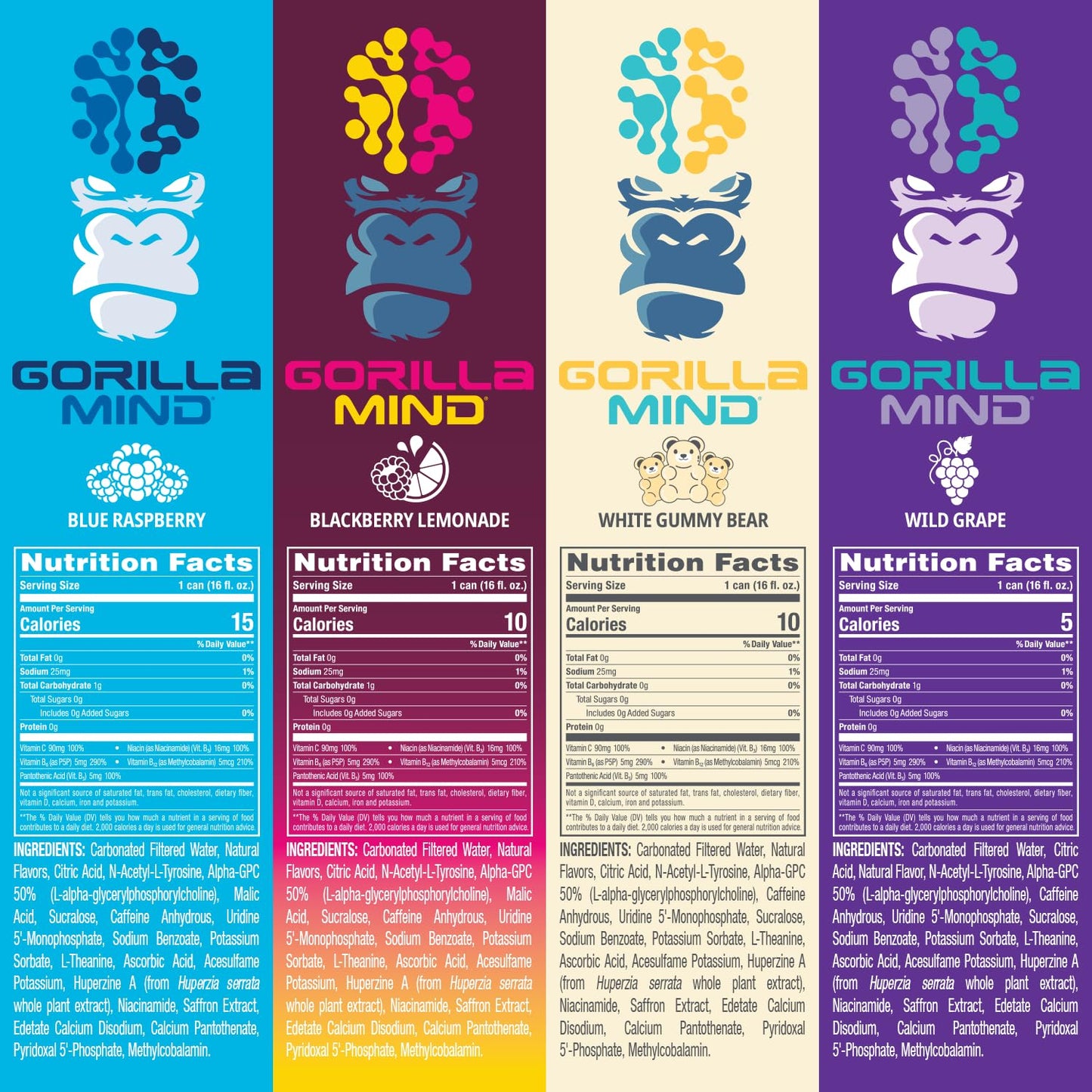 Gorilla Mind Energy Drink | Unmatched Energy · Amplified Focus | N-Acetyl-L-Tyrosine, Alpha-GPC, 200mg Caffeine, Uridine, Saffron | 0 Sugar Or Artificial Colors | 16oz, 12-Pack (Black Cherry Vanilla)