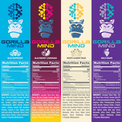Gorilla Mind Energy Drink | Unmatched Energy · Amplified Focus | N-Acetyl-L-Tyrosine, Alpha-GPC, 200mg Caffeine, Uridine, Saffron | 0 Sugar Or Artificial Colors | 16oz, 12-Pack (Black Cherry Vanilla)
