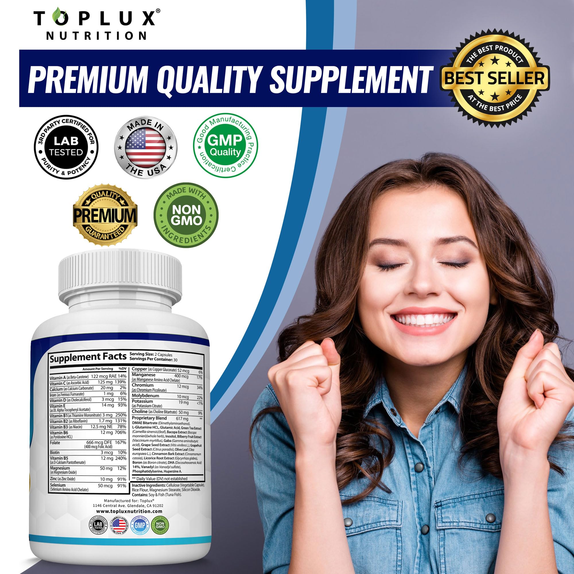 Toplux Brain Supplement Nootropic – Brain Pills Vitamin with DMAE, Bacopa Monnieri, L-Gutamine, for Men Women, 60 Capsules, Nutrition Toplux buy australia supplements