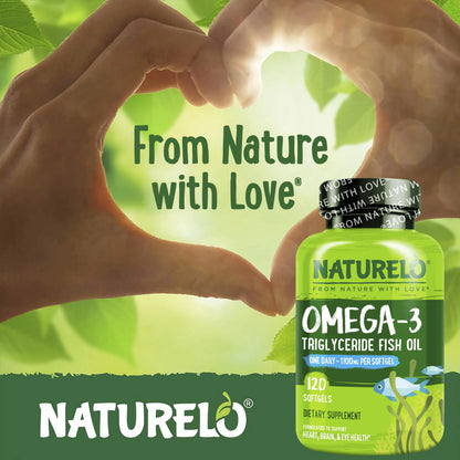 NATURELO Burpless Omega 3 Fish Oil Supplement - 1100mg Triglyceride Omega-3, EPA + DHA, Liquid Fish Oil for Heart, Eye, Brain, Joint Health NATURELO