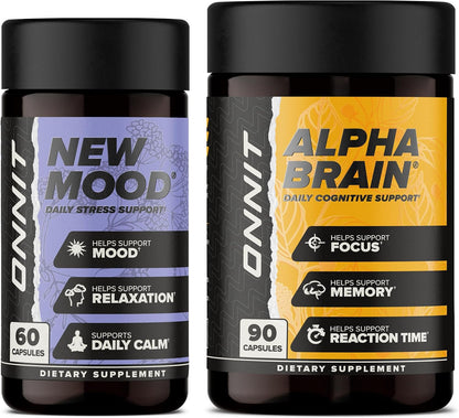 ONNIT Cognitive & Mood Support Bundle: Alpha Brain Nootropic Capsules (90 Count) + New Mood Stress Support Capsules (60 Count), IGEN Non-GMO Tested Focus, Clarity, Relaxation & Sleep, Pack of 2