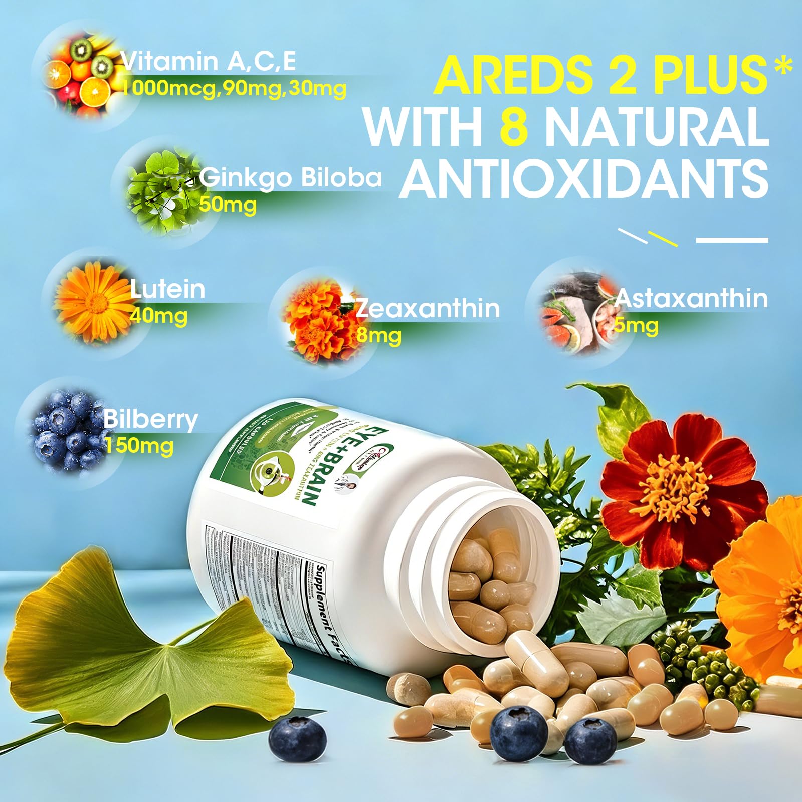 Eye + Brain Supplements for Memory and Focus, Lutein 40mg, Zeaxanthin, Astaxanthin, Bilberry, Lion’s Mane, Bacopa Monnieri, Ginkgo Biloba, 14 in 1 Eye Vitamins for Adults & Seniors 120 Capsules Alliwise buy australia supplements