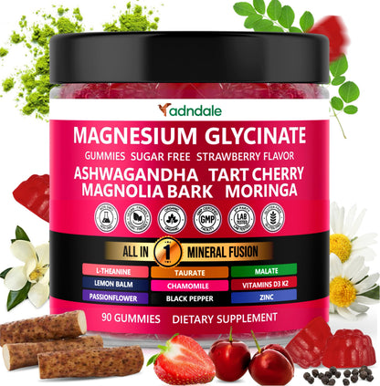 Adndale Magnesium Glycinate 400 mg Gummies with Ashwagandha, Magnesium Malate & Taurate, Tart Cherry, Magnolia Bark, Lemon Balm, Passionflower Adndale