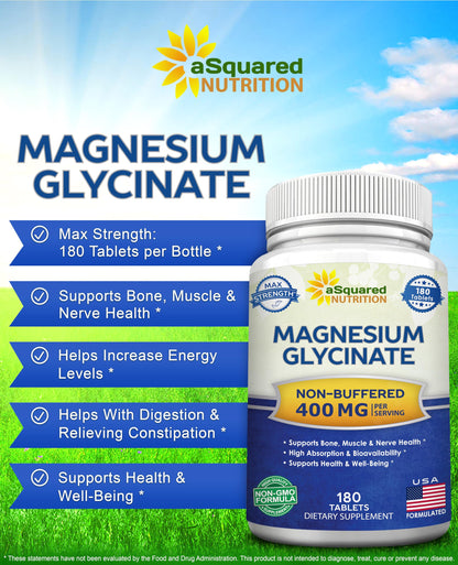 aSquared Nutrition Magnesium Glycinate 400mg - 180 Tablets - Max Strength Magnesium Bisglycinate Supplement -Maximum Bioavailability & Absorption-Non-GMO aSquared Nutrition