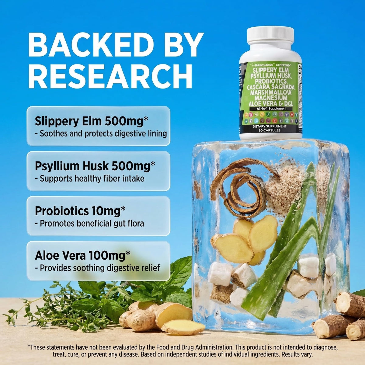Clean Nutraceuticals Slippery Elm Psyllium Husk Pre Probiotic Digestive Gut Health Supplement with Aloe Vera Cascara Sagrada Clean Nutraceuticals