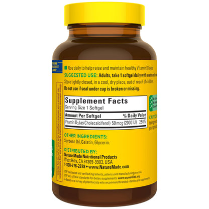 Nature Made Vitamin D3 2000 IU (50 mcg), Vitamin D Supplement for Bone, Teeth, Muscle and Immune Health Support, 250 Softgels, 250 Day Supply Nature Made