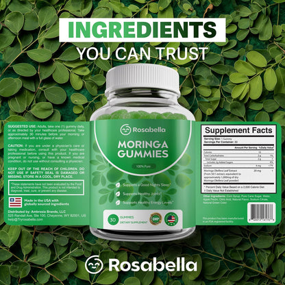 Rosabella Moringa Gummies – Moringa Leaf Extract 1000mg Equivalent Per Serving – Natural Energy & Balance – Non-GMO, Gluten-Free Superfood Rosabella