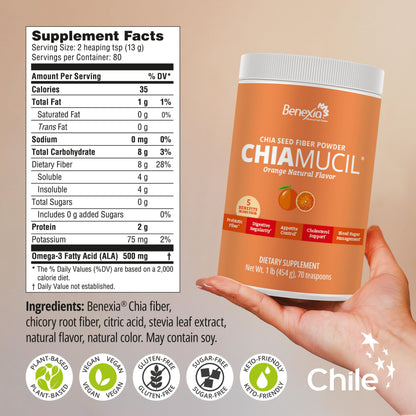 BENEXIA Chiamucil Prebiotic Fiber Supplement Powder – Chia Fiber & Chicory Root (Inulin) for Digestive Health & Appetite Control – Gluten & Sugar Free BENEXIA