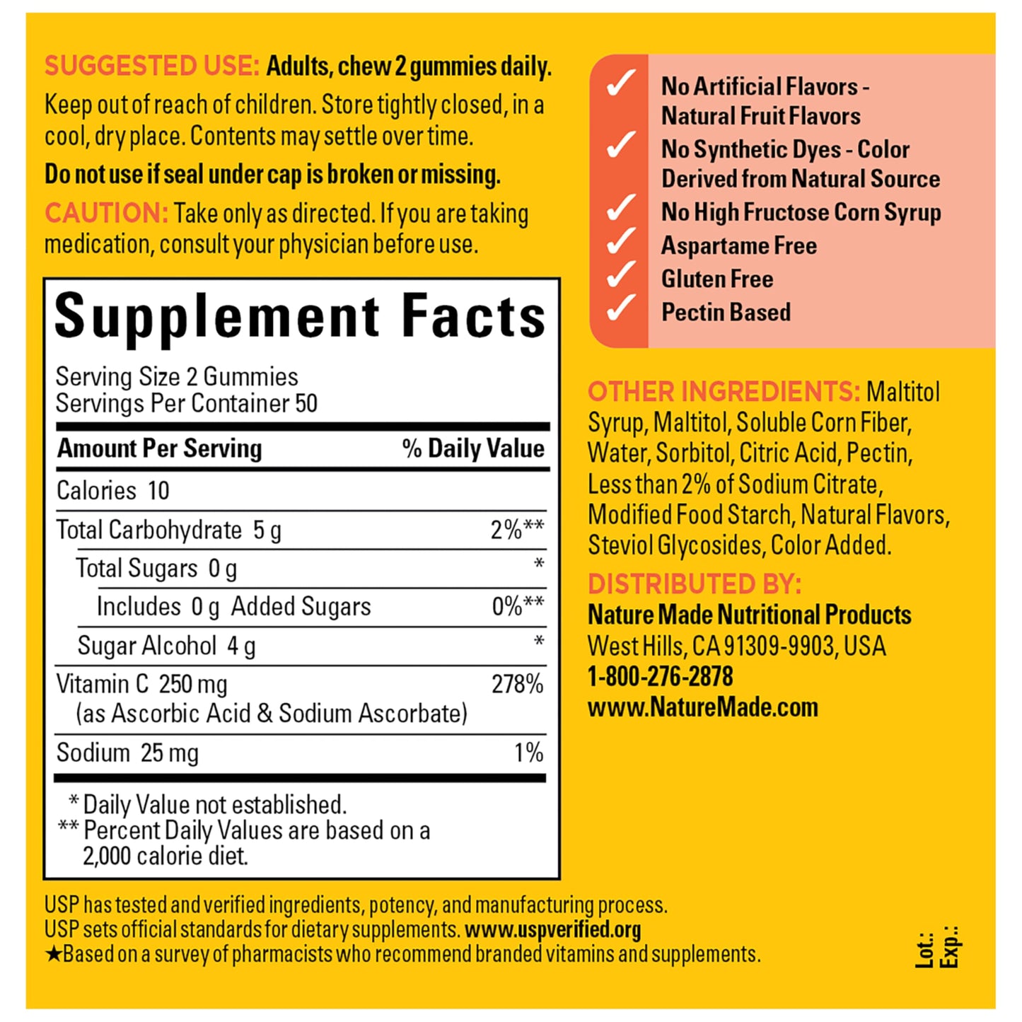 Nature Made Zero Sugar Vitamin C Gummies 250 mg Per Serving, Immune & Antioxidant Support, Aspartame Free Nature Made