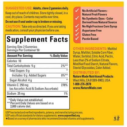 Nature Made Zero Sugar Vitamin C Gummies 250 mg Per Serving, Immune & Antioxidant Support, Aspartame Free Nature Made
