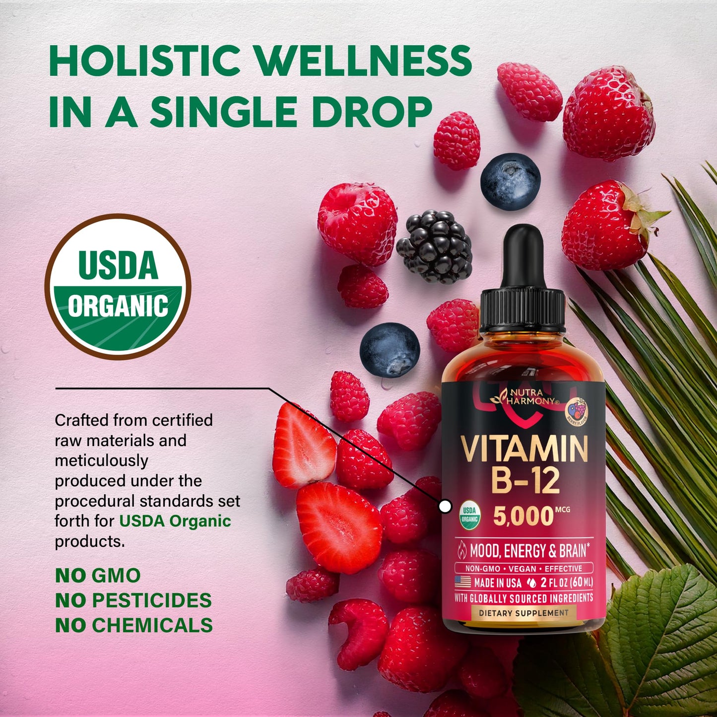 USDA Organic Vitamin B12 Sublingual Drops - 5000 mcg Liquid Vegan Methylcobalamin for Women & Men - Energy Boost, Focus & Mood, Brain Health Support NUTRAHARMONY