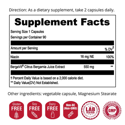 UpNourish BERGAVIT Citrus Bergamot Cholesterol Supplement - Italian Citrus Bergamot Extract 550mg for Women and Men 90 Vegan Capsules UpNourish