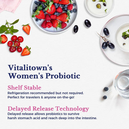 Vitalitown Women's Probiotics | 100 Billion CFUs 18 Strains | Prebiotics, VC & B6, Cranberry | Shelf Stable | Vaginal, Urinary Vitalitown