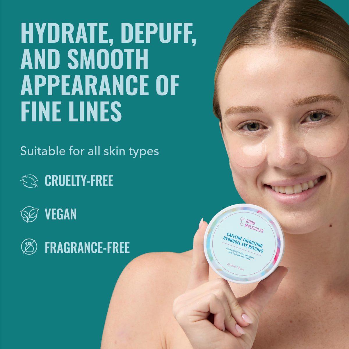 Good Molecules Caffeine Energizing Hydrogel Eye Patches - Eye Mask with Hyaluronic Acid Hydrate and Reduce Puffiness - Pack of 30, Skincare for Face Good Molecules