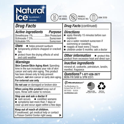 Mentholatum Natural Ice Original Medicated Lip Balm, Hydrating Lip Care for Dry, Chapped Lips, Moisturizing Formula with SPF 15 Helps Prevent Sunburn, Protection for Smooth, Soft Lips (Pack of 12) Natural Ice