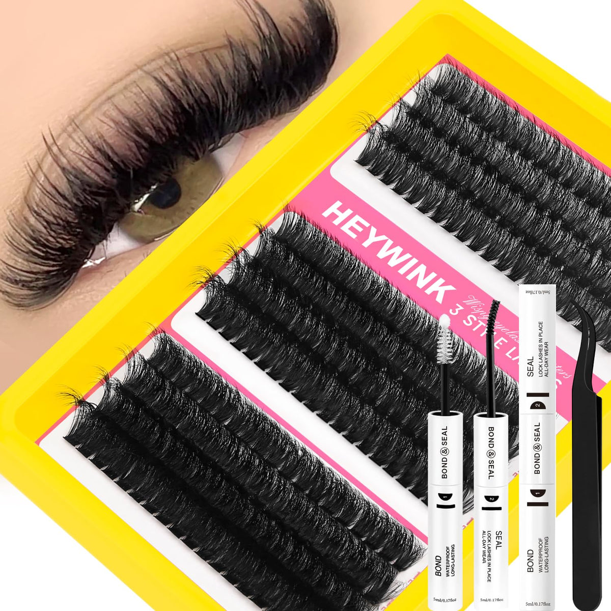 HEYWINK Lash Clusters Kit 60D 80D 100D Thick Cluster Eyelash Extensions 12-18mm Lash Clusters Individual Lash Extensions DIY Clusters Lashes Extension at Home (60D+80D+100D 12-18MM Kit) HEYWINK