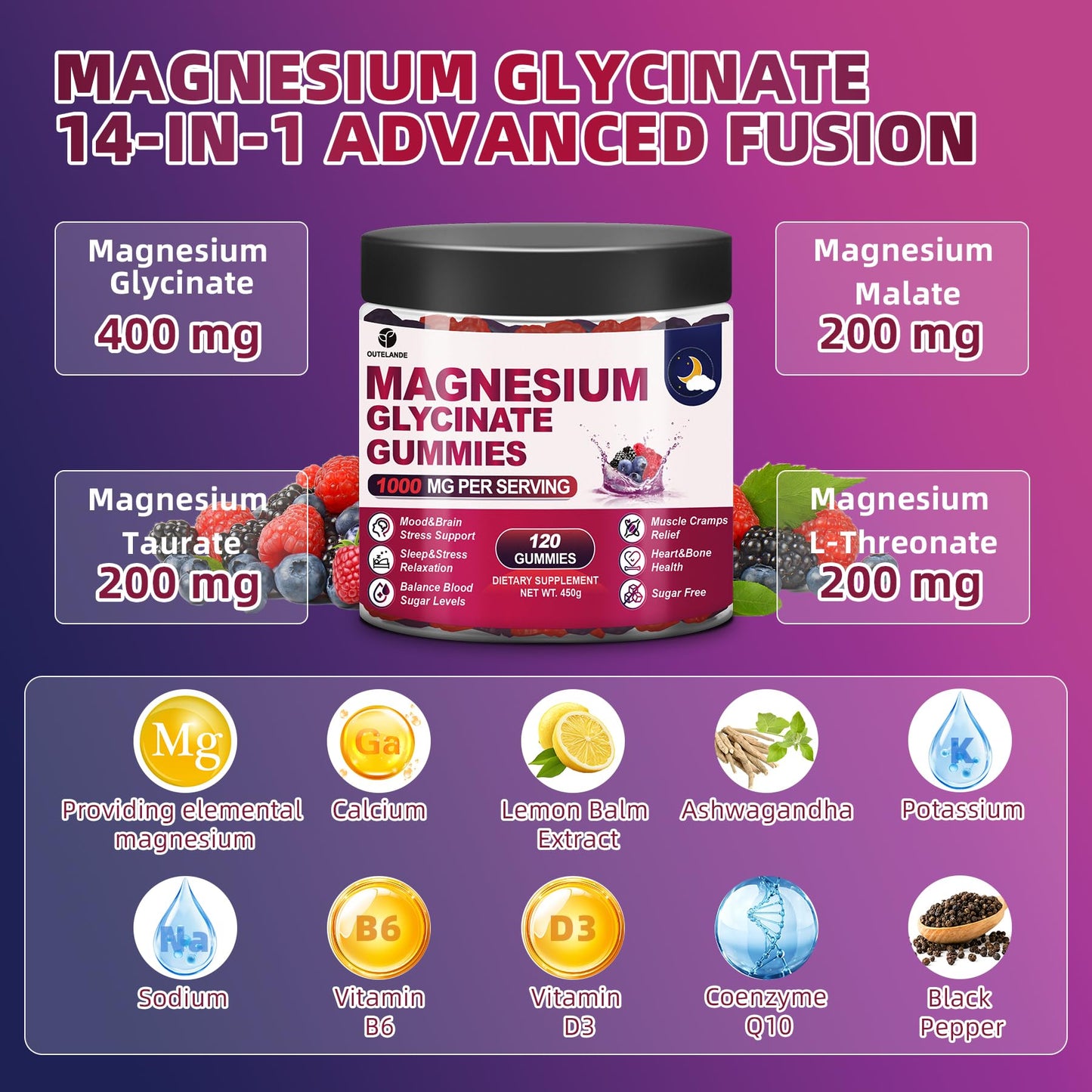 120 CT Magnesium Glycinate Gummies 1000 mg for Women and Men, Magnesium Malate & Taurate Supplements for Sleep, Body Support and Relaxation, Sugar Free OUTELANDE
