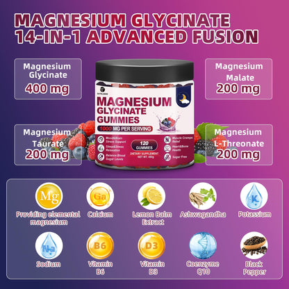 120 CT Magnesium Glycinate Gummies 1000 mg for Women and Men, Magnesium Malate & Taurate Supplements for Sleep, Body Support and Relaxation, Sugar Free OUTELANDE