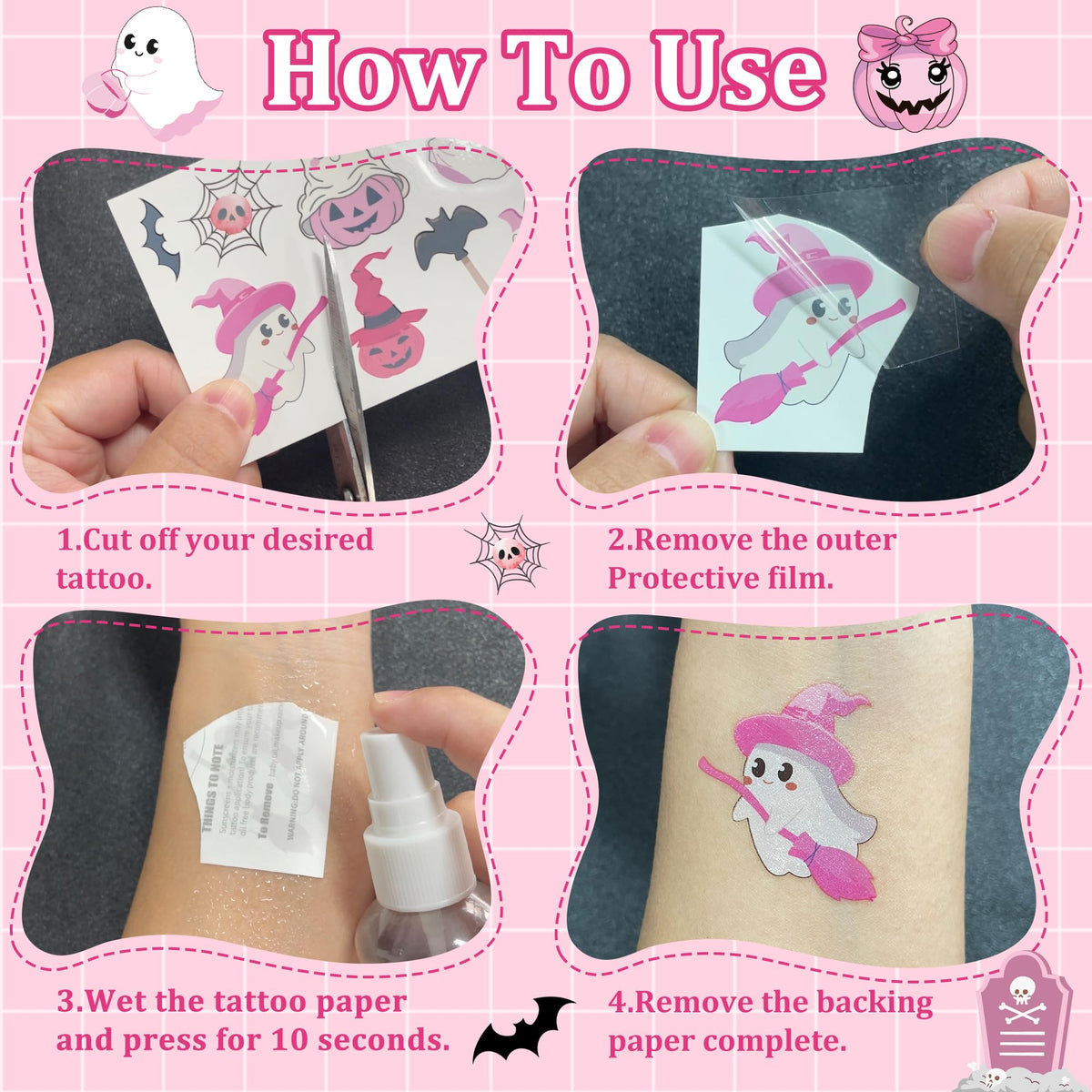 168PCS Pink Halloween Temporary Tattoos for Kids Halloween Party Favors Epuxiael