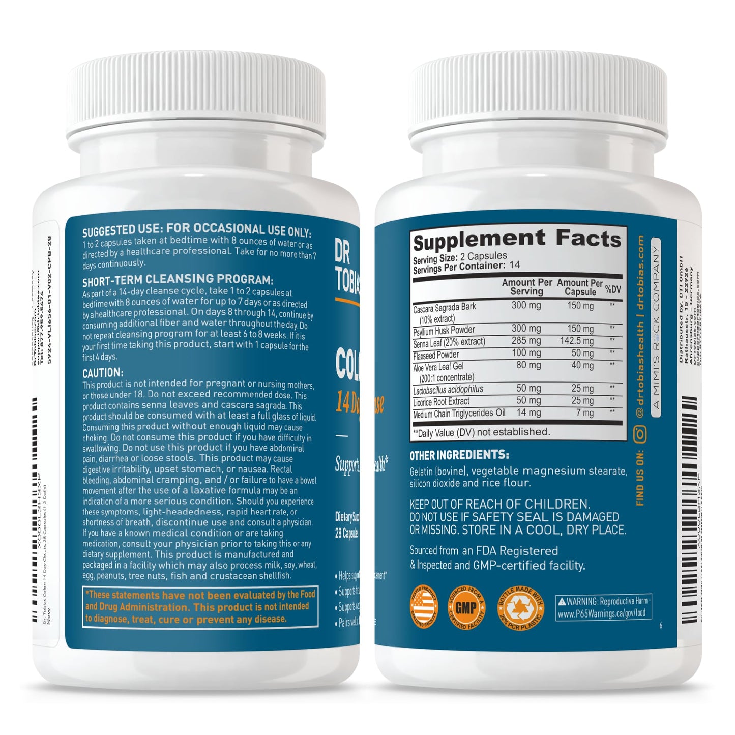 Dr. Tobias Colon Cleanse - Constipation Relief & Gut Health Support for Women & Men | 14 Day Colon Cleanser for a Gentle Colon Detox & Gut Flush - 28 Capsules (1-2 Daily)
