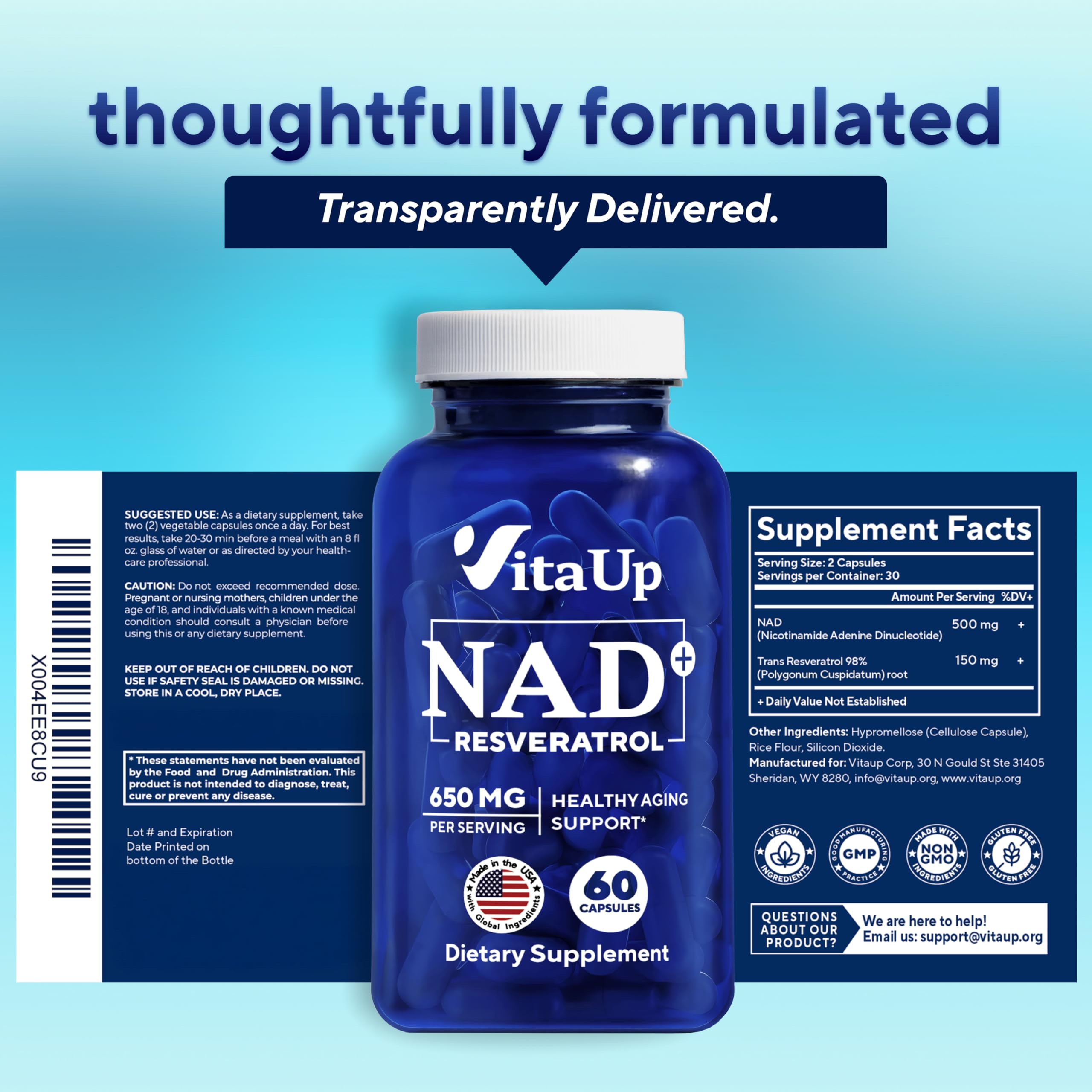 VitaUp NAD+ Resveratrol Supplement - USA Made Trans Resveratrol NAD Supplement 650mg - Nicotinamide Adenine Dinucleotide Capsules for Healthy Aging, Energy & Focus Support - 60 Count VitaUp buy australia supplements
