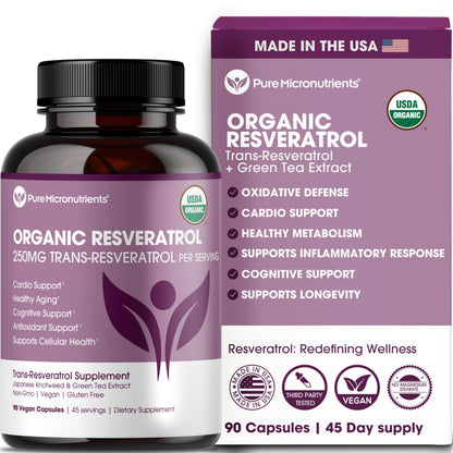 Organic Resveratrol Supplement – Trans-Resveratrol Capsules with Green Tea – Highly Purified & Bioavailable Pure Micronutrients