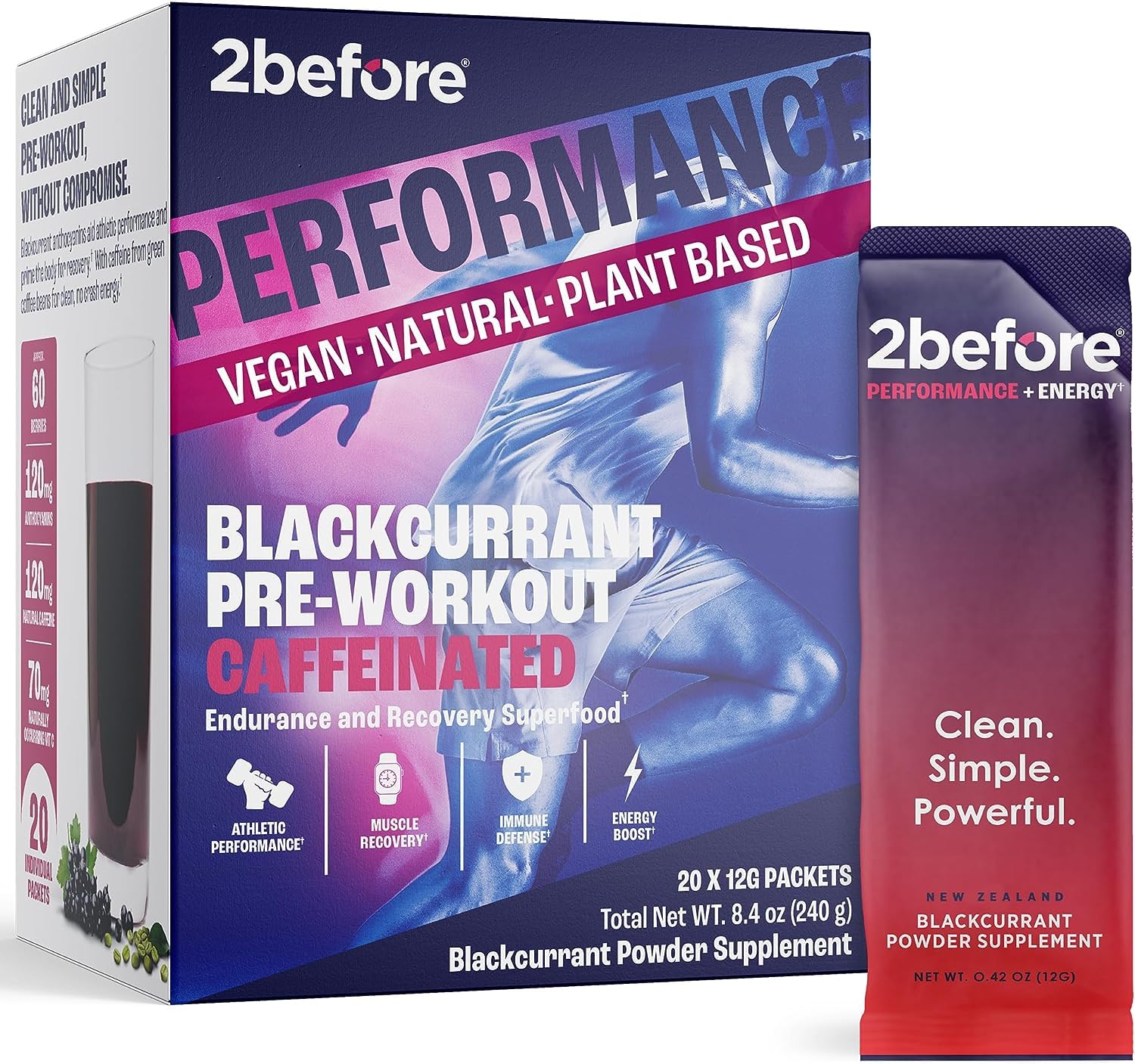 2before All Natural Vegan Pre Workout, with 120mg Caffeine I Clean Energy, Endurance