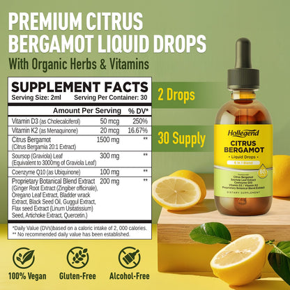 HOLLEGEND Citrus Bergamot Liquid Drops, Organic Citrus Bergamot 1000mg Supplement, Plus Soursop, CoQ10, Vitamin D3, K2, HOLLEGEND