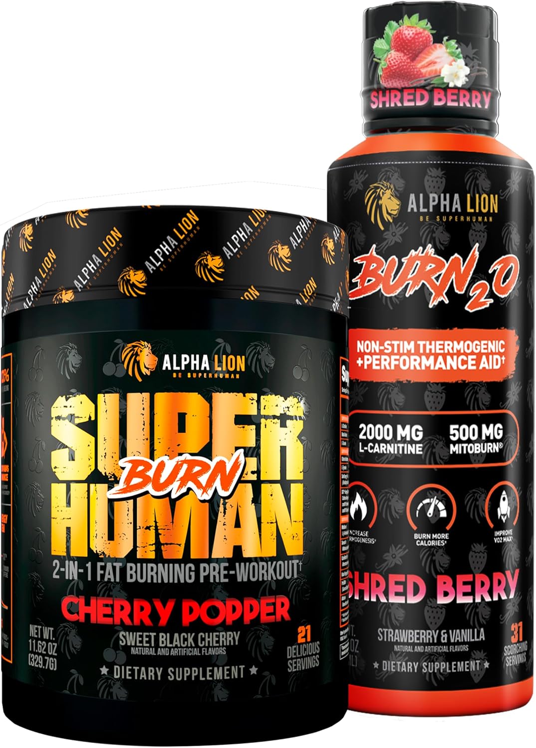ALPHA LION Stubborn Fat Loss Stack – Superhuman Burn Pre Workout + Burn2O Liquid L-Carnitine 2000mg (Shredberry)– Thermogenic Fat Burner & Energy Supplement for Men and Women