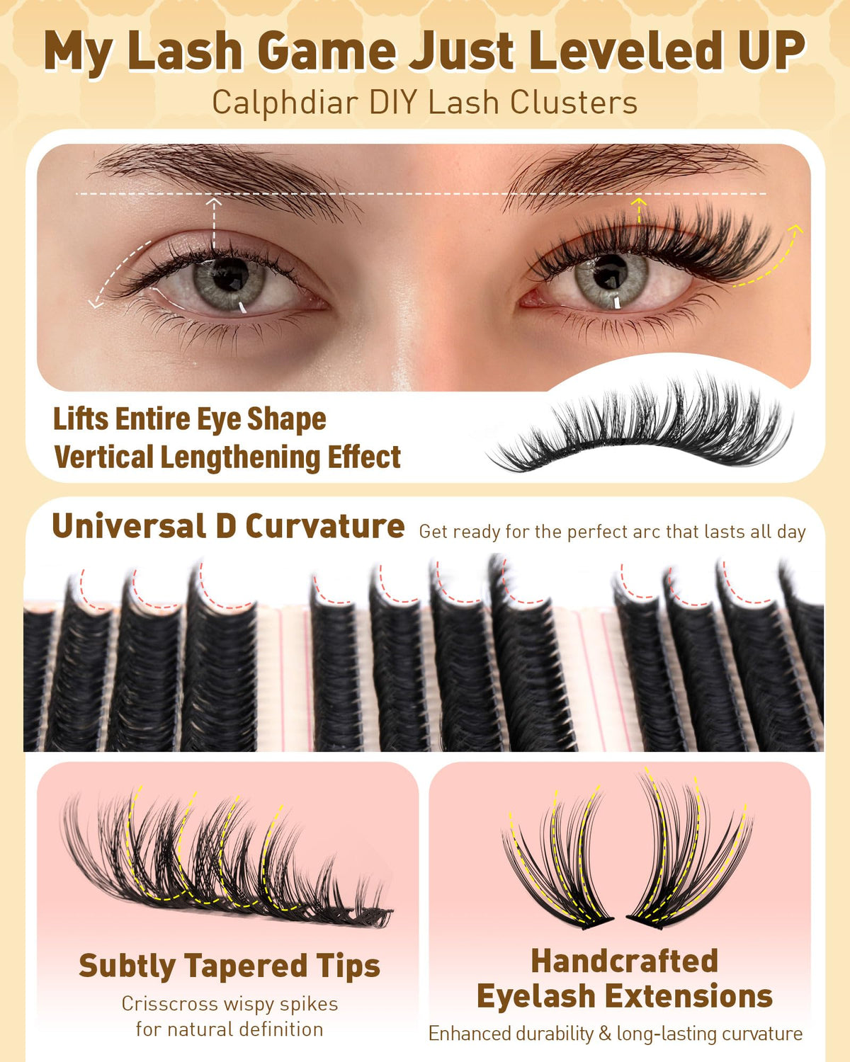Calphdiar Eyelash Clusters 30D+40D+50D+60D+80D+100D Lash Clusters Wispy Individual Lashes 476PCS D-curly Lash Extension 10-16MM Natural Lashes Clusters DIY Cluster Eyelash Extensions calphdiar