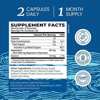 Magnesium Glycinate Gummies 600MG | Sleep, Calm & Relaxation Support | 60MG Elemental Mag Per Serving | Grape Flavor, Gluten-Free | High Absorption Magnesium Gummies for Women, Men & Family | 60 Ct Nobi Nutrition