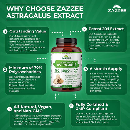 Zazzee Extra Strength Astragalus Root 20:1 Extract, 70% Polysaccharides | 180 Vegan Capsules, 6 Month Supply, Astragalus Membranaceus, Immune System Support, Non-GMO, Herbal Supplement, Made in USA Gsupps Australia