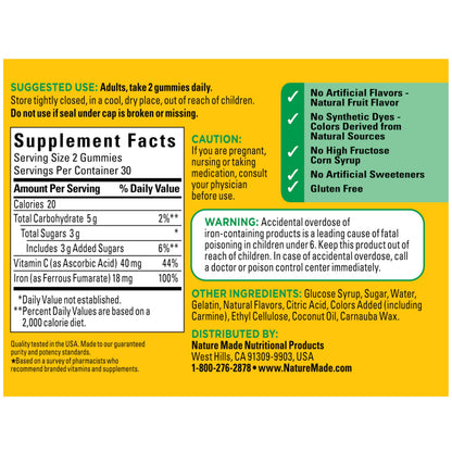 Nature Made Iron 18 mg per serving Gummies with Vitamin C, Iron Supplement for Red Blood Cell Support, 60 Gummies, 30 Day Supply Nature Made