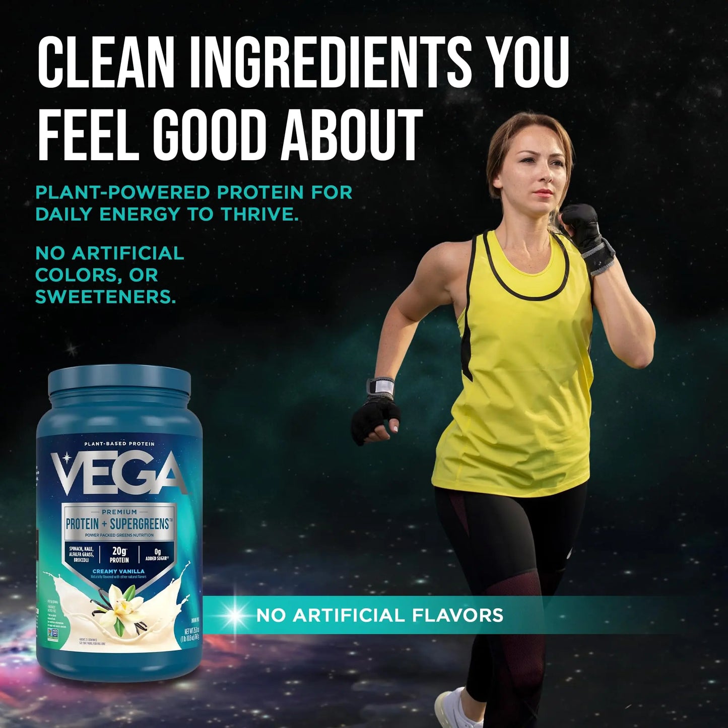 Vega Premium Protein + Supergreens, Creamy Vanilla – 20g Vegan Protein, Dairy & Gluten Free, 26.9 oz (25 Servings) Vega