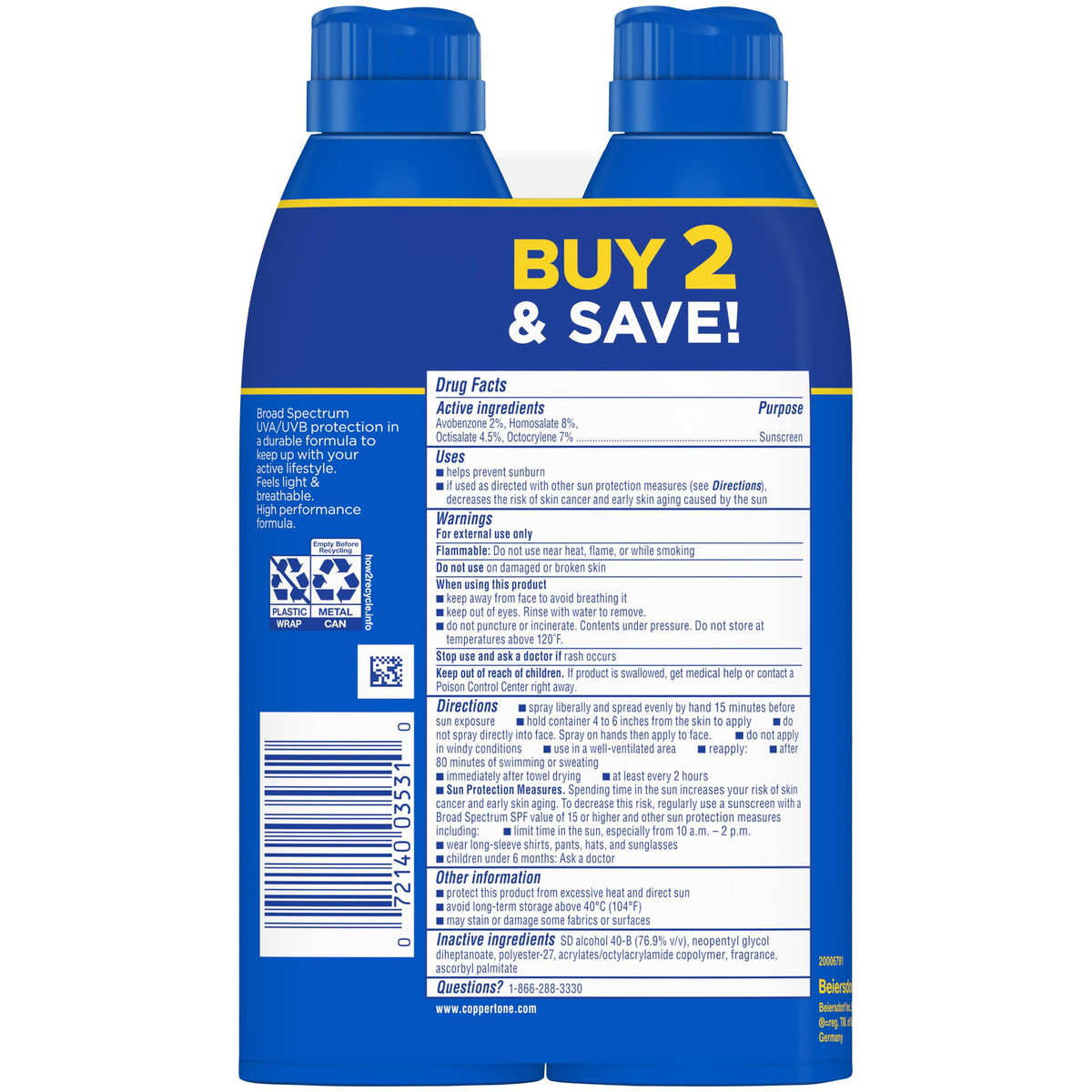 Coppertone SPORT Sunscreen Spray SPF 30, Value Pack, 2 x 5.5 FL OZ Coppertone