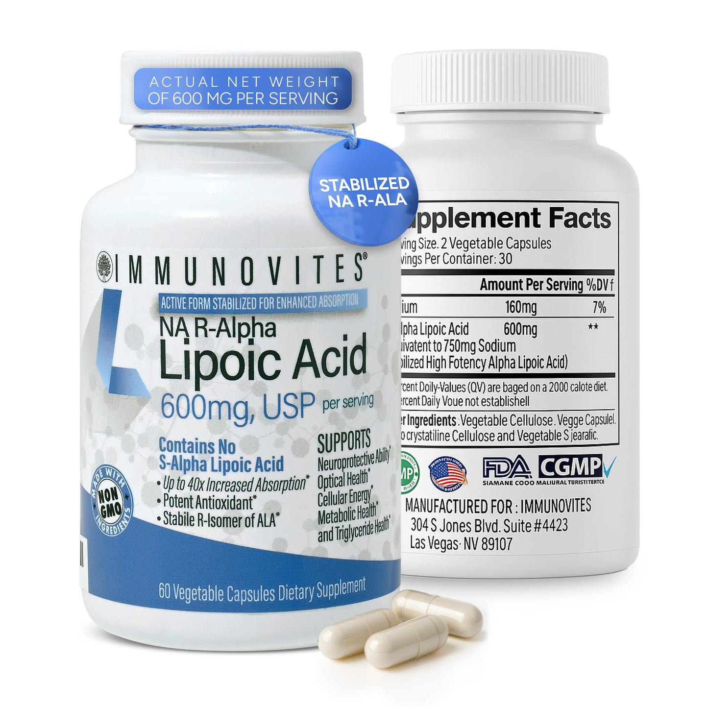 IMMUNOVITES Stabilized R-Alpha Lipoic Acid ((True)) 600mg per Serving [[High Potency & up to 40x Increased Absorption]] IMMUNOVITES