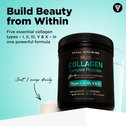 Vital Vitamins Multi Collagen Complex Powder for Hair, Skin, Nails & Joints | 5 Collagen Peptides Types I II III V & X, Unflavored, Easy to Dissolve, Scoop Included Inside, 30 Servings Gsupps Australia