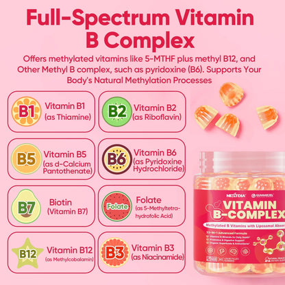 Methylated Vitamin B Complex Gummies for Women & Men, High Dose 2000 mcg Methyl B12, Liposomal Super All B Vitamins Methylfolate, B1, B2, B3, B5, B6, B7, Vitamin C, Nextdia