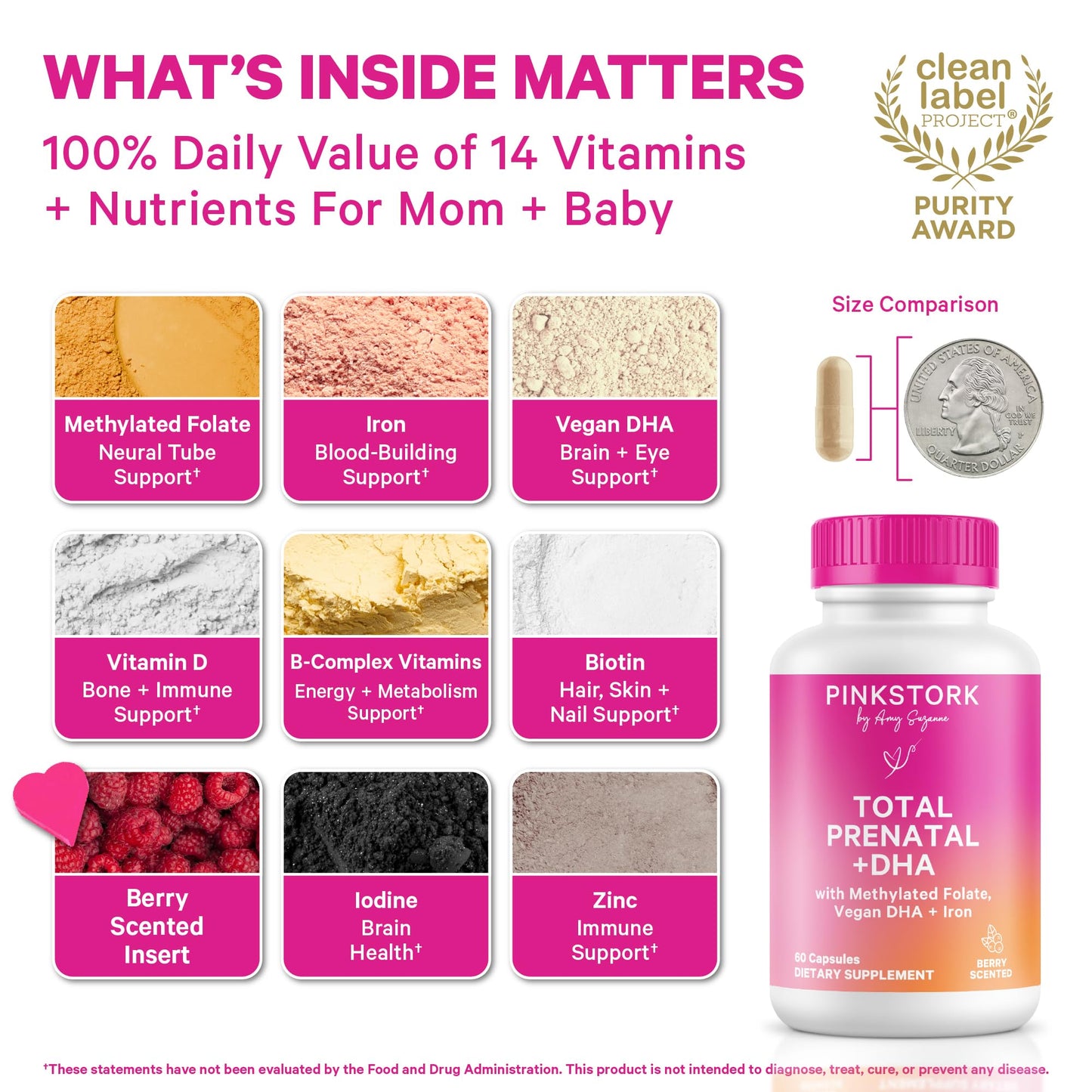 Pink Stork Total Prenatal Vitamins with DHA, Folate, Iron, Choline, and Vitamin B12 - Prenatals for Women to Support Fetal Development, Pregnancy Essentials Pink Stork
