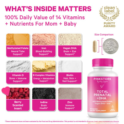 Pink Stork Total Prenatal Vitamins with DHA, Folate, Iron, Choline, and Vitamin B12 - Prenatals for Women to Support Fetal Development, Pregnancy Essentials Pink Stork
