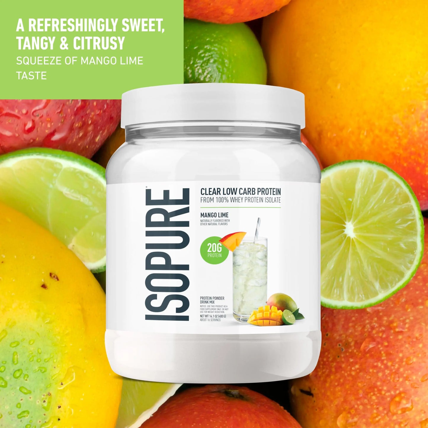 Isopure Clear Whey Isolate Protein Powder, Lactose Free, Gluten Free, Naturally Flavored, Mango Lime, 20g Protein Per Serving, 14.1 Oz, 16 Servings (Packaging May Vary) Isopure
