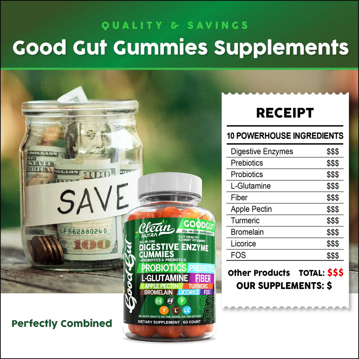 Clean Nutraceuticals Digestive Enzymes with Probiotics & Prebiotics for Digestive Health Gummies & L-Glutamine for Gut Health Bromelain Apple Pectin Inulin FOS Plant Clean Nutraceuticals