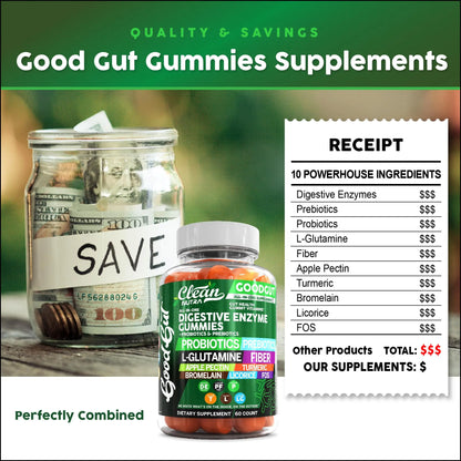 Clean Nutraceuticals Digestive Enzymes with Probiotics & Prebiotics for Digestive Health Gummies & L-Glutamine for Gut Health Bromelain Apple Pectin Inulin FOS Plant Clean Nutraceuticals