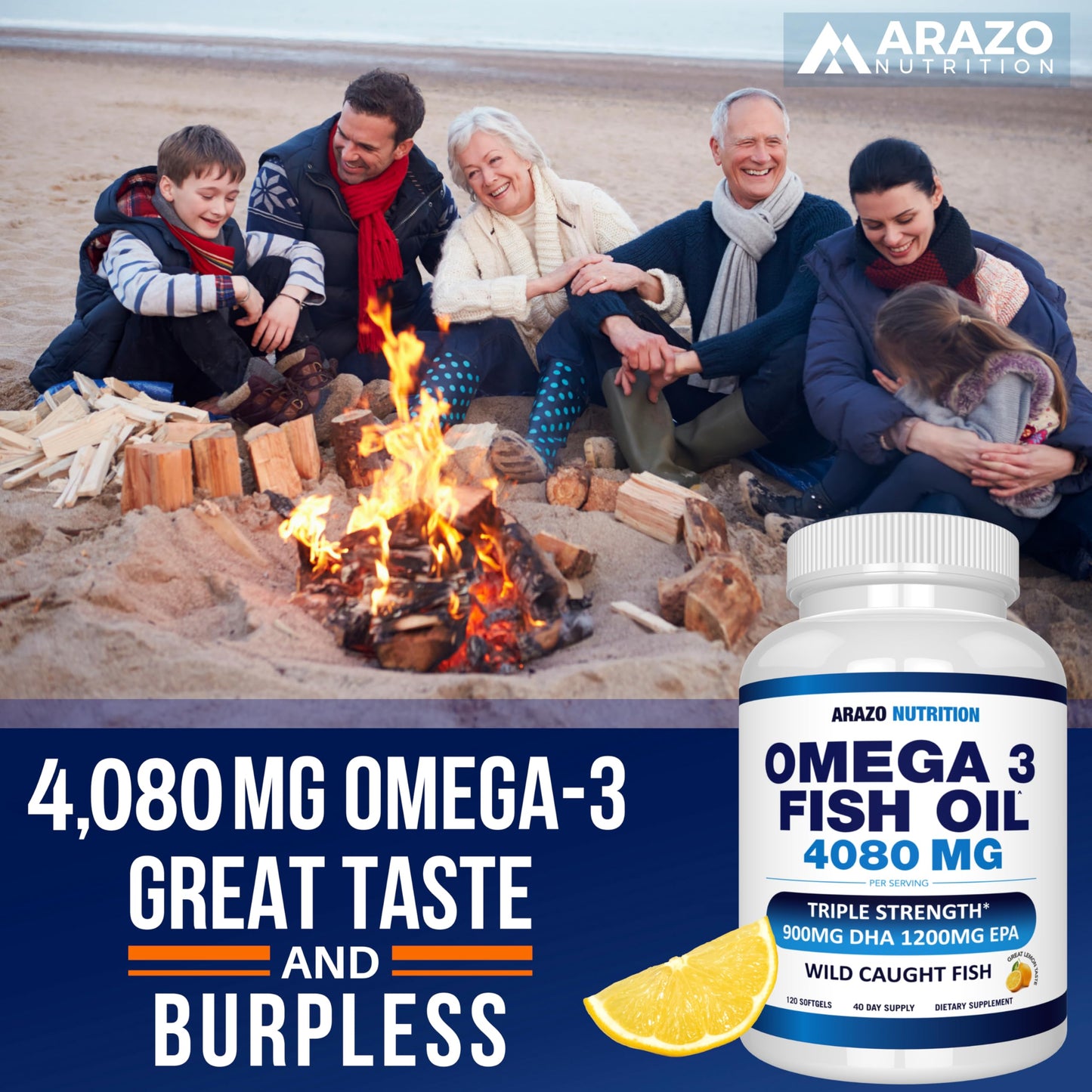Arazo Nutrition Wild Caught Omega-3 Fish Oil Concentrate – 4,080mg per Serving – High EPA 1200mg & DHA 900mg dailyvitalstore