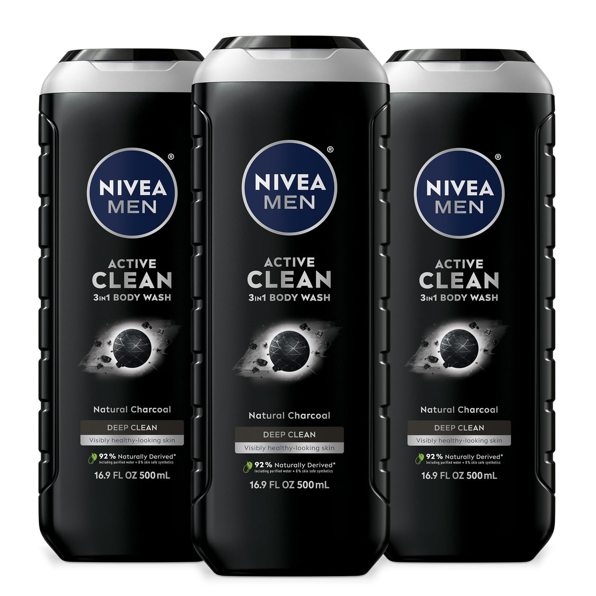 NIVEA MEN Active Clean 3-in-1 Body Wash, Mulitpack, 3 x 16.9 FL OZ NIVEA MEN