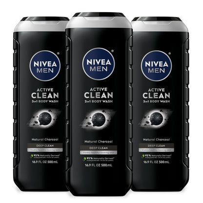 NIVEA MEN Active Clean 3-in-1 Body Wash, Mulitpack, 3 x 16.9 FL OZ NIVEA MEN