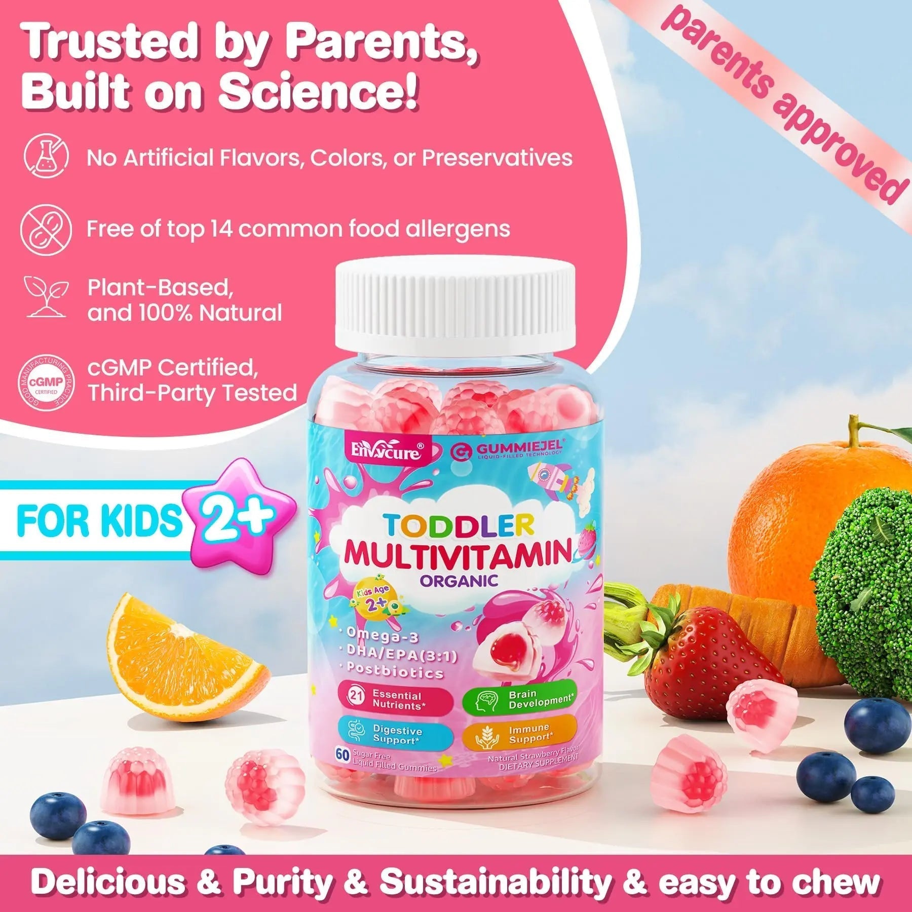 Organic Toddler Multivitamin Gummies + Omega-3 (DHA/EPA), Postbiotics | kids 2+ multivitamin | Vitamins A C D3 Methyl B12 Folate Zinc EnvyCure buy australia supplements
