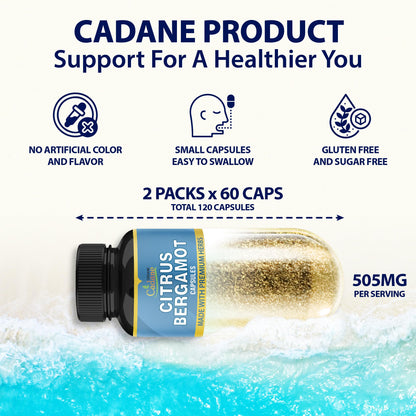 Cadane 2 Packs Citrus Bergamot Extract Capsules with Berberine, Olive, Guggul, Garlic, Pine Bark, Black Pepper | 4 Months Supply Organic Cadane