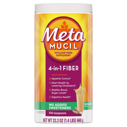 Metamucil, Psyllium Husk Powder, Unflavored with No Added Sweeteners, 114 Servings, 4-in-1 Fiber Supplement, Daily Psyllium Husk Fiber Powder Metamucil